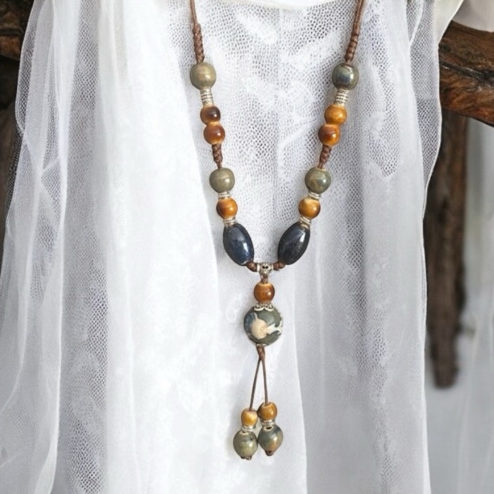 1pc Ethnic Style Hand-woven Adjustable Ceramic Tassel Pendant Necklace